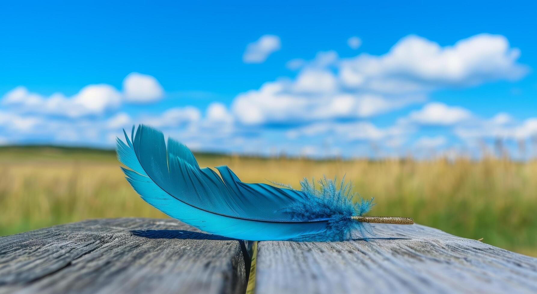 Blue feather resting on a wooden surface with a natural background photo