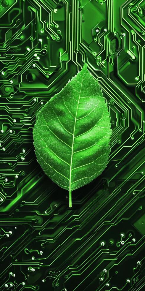 Green leaf on a circuit board representing eco friendly technology photo