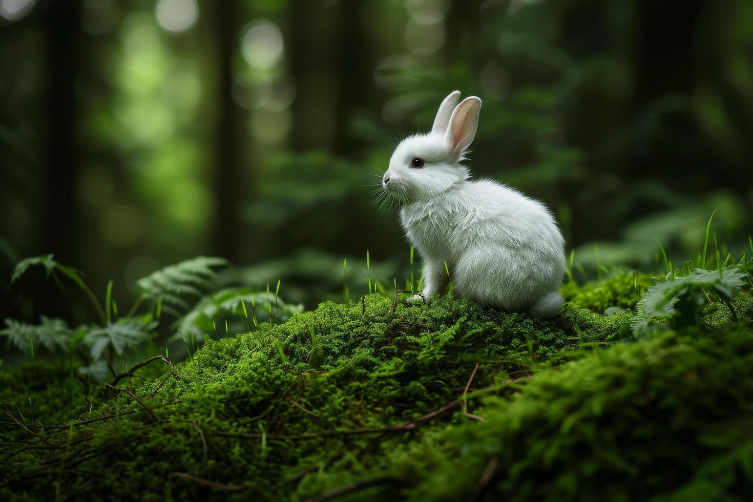White rabbit sitting on a mossy mound in a lush green forest photo
