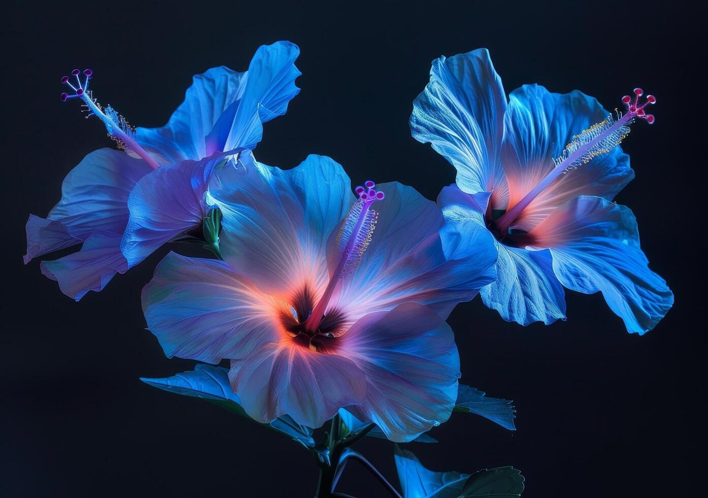 Vibrant Blue Hibiscus Flowers on Dark Background photo
