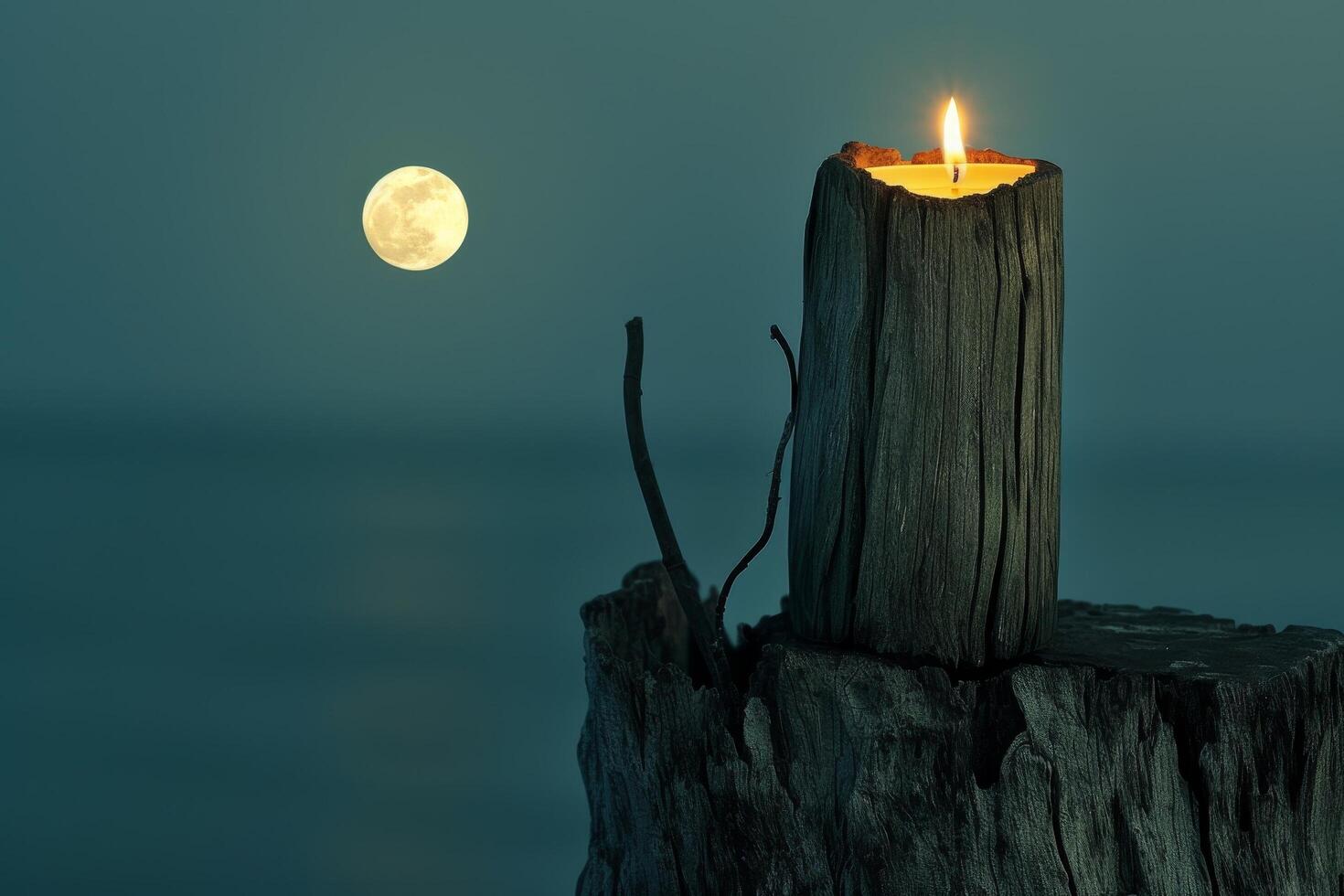 Candle on a Tree Stump with Full Moon in Background at Night photo
