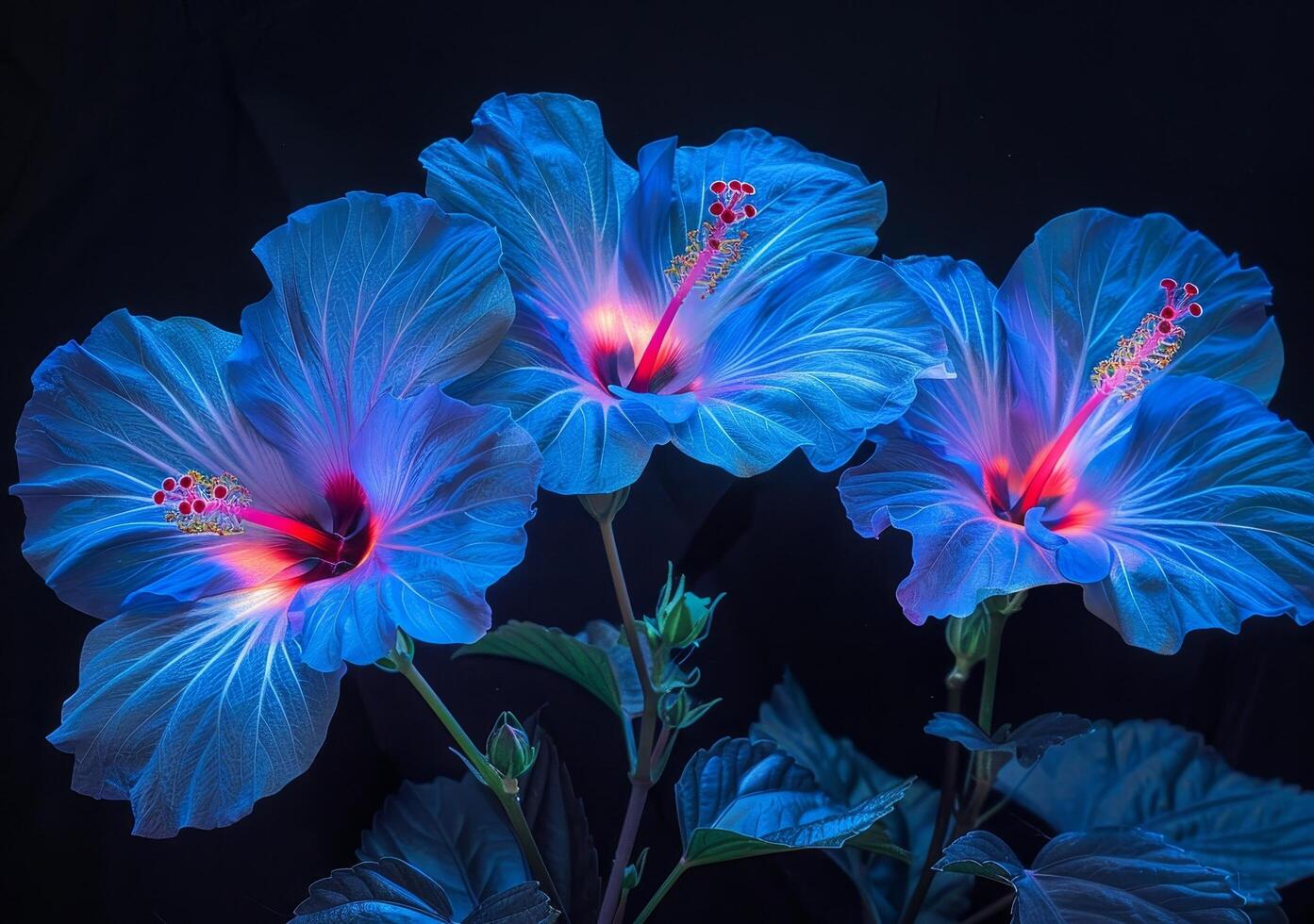 Vibrant Blue Hibiscus Flowers on a Black Background photo