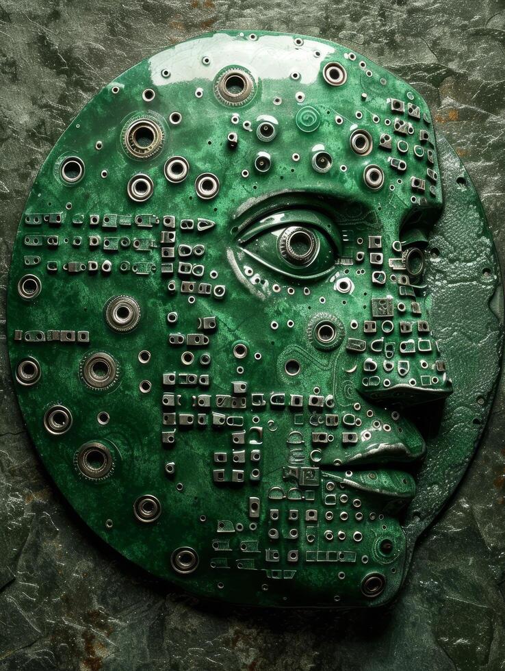 Abstract techno face sculpture with circuit board elements photo