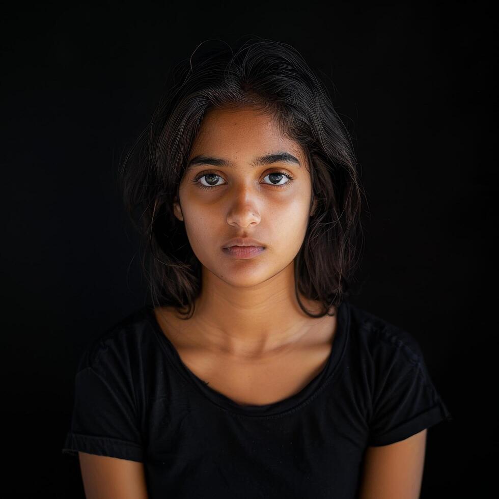 Portrait of a Young Woman with Intense Gaze Against a Dark Background photo
