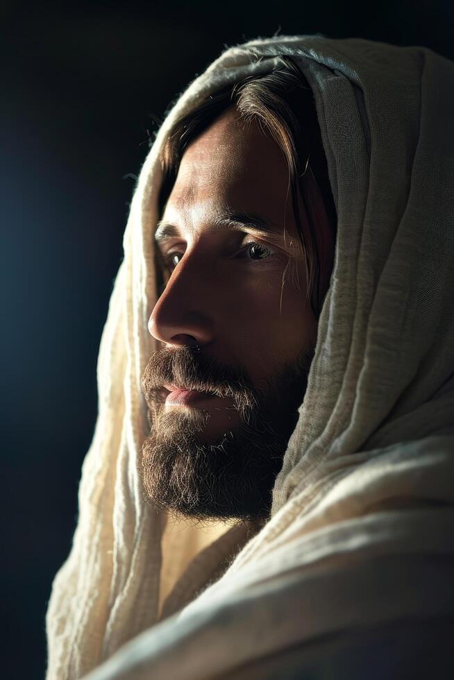Serene Man with a Hood in Contemplative Pose photo