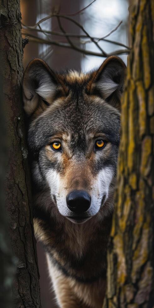 Intense gaze of a wolf peeking through forest trees photo