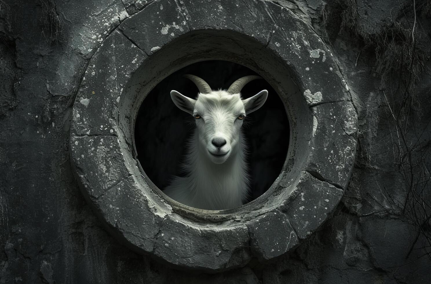 Goat peeking through a circular opening in a wall photo