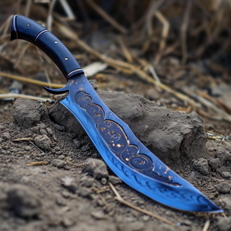 Decorative knife with intricate designs stuck in the ground photo