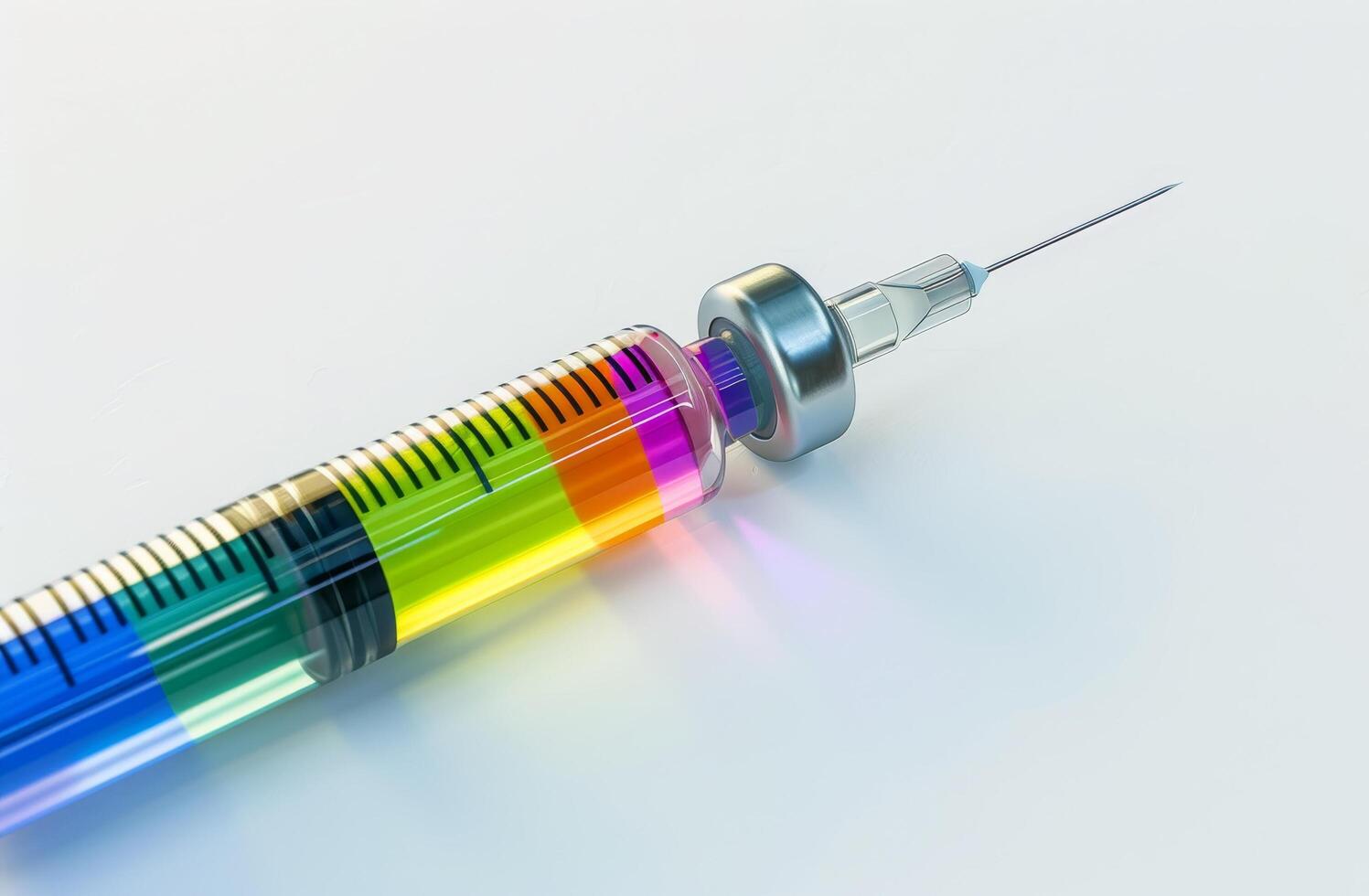 Colorful liquid in a syringe on a white background photo