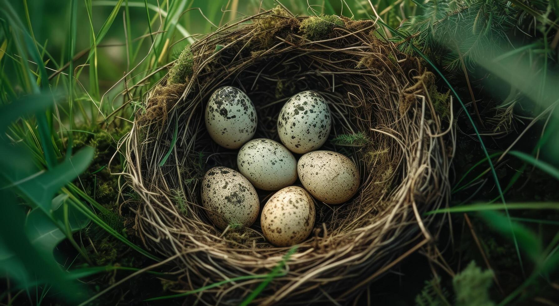 Bird eggs nestled in a natural nest among greenery photo