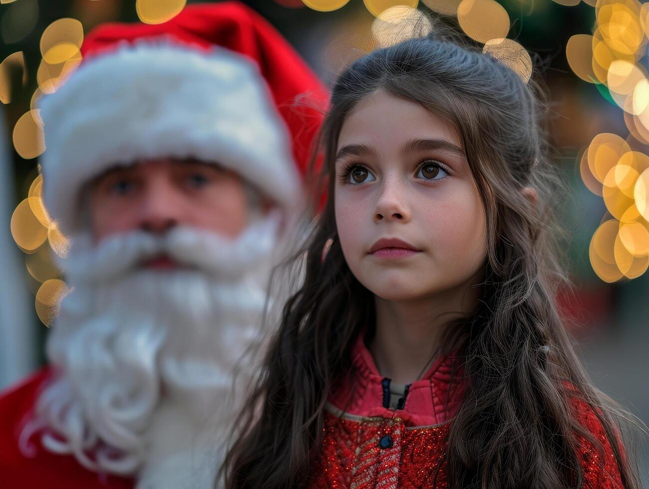 Young girl with a hopeful expression standing near Santa Claus during Christmas photo