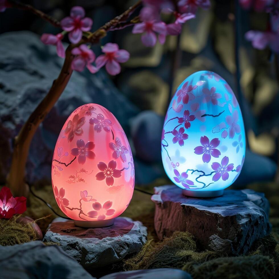 Illuminated Easter Eggs at Night with Floral Patterns photo