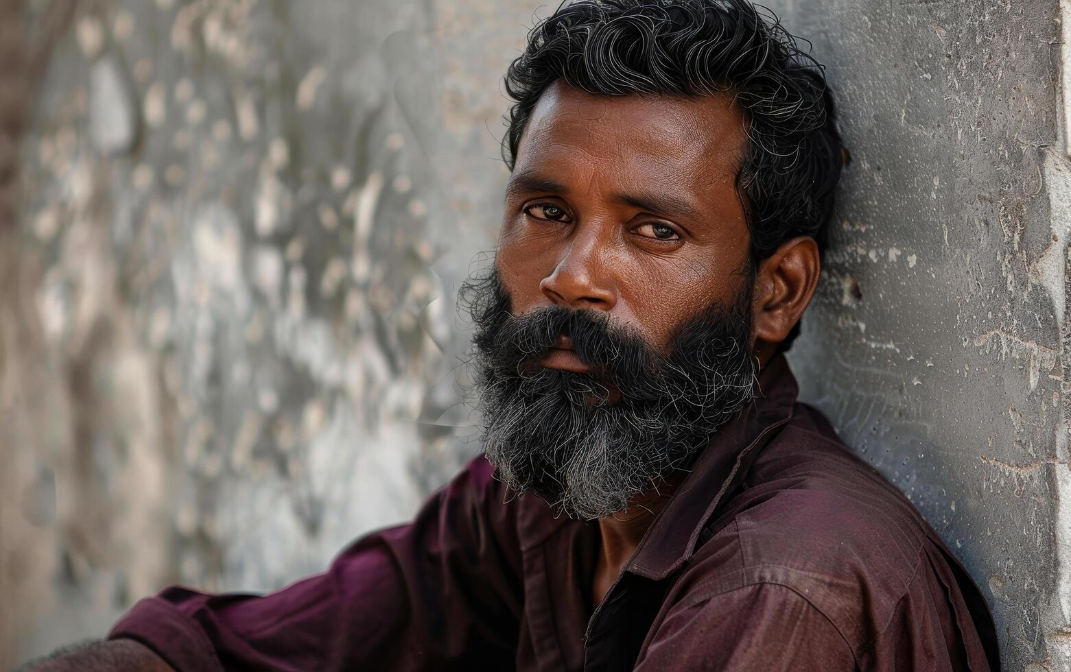 Portrait of a thoughtful man with a beard leaning against a wall photo