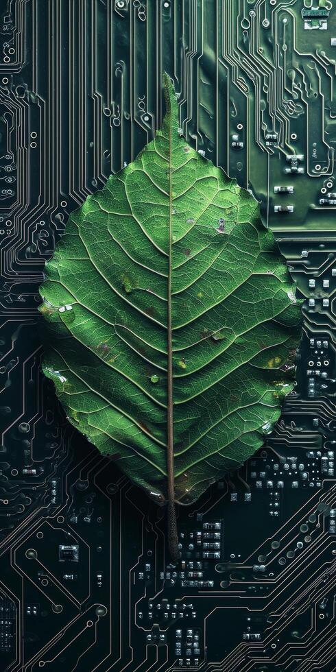 Green leaf on a circuit board representing eco friendly technology photo