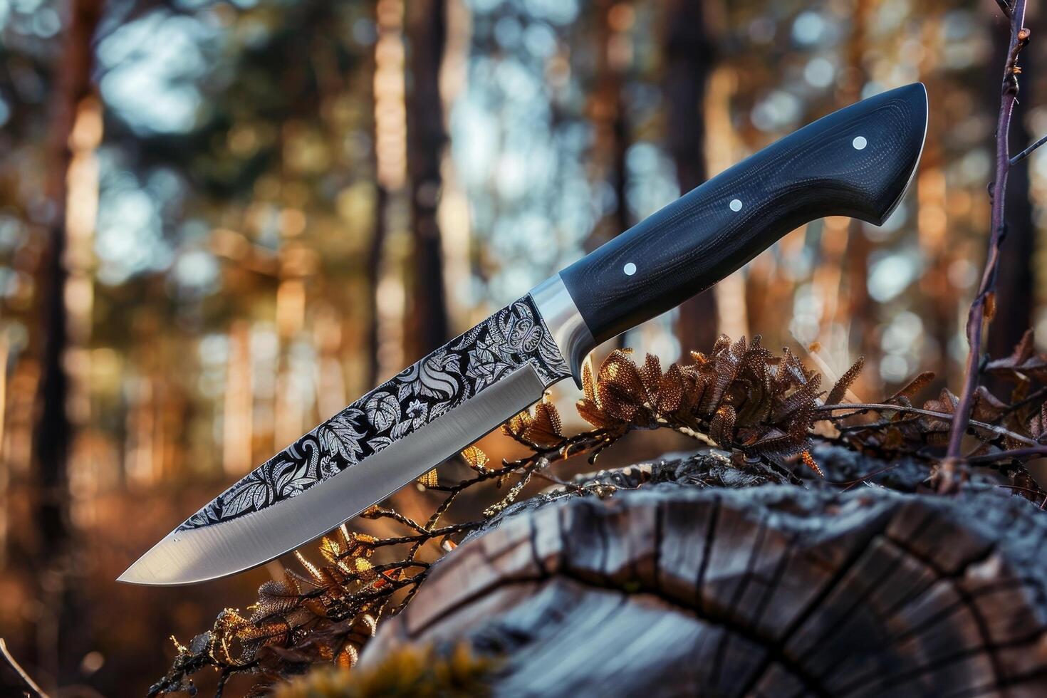 Engraved hunting knife resting on a log in the forest photo