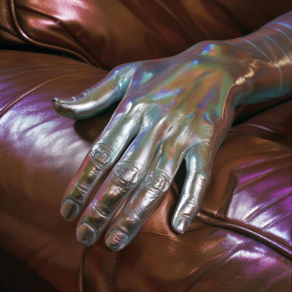 Holographic hand resting on a metallic surface photo