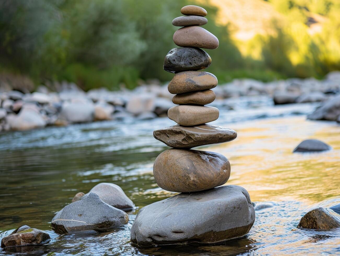 Balanced stone pile by a tranquil river photo