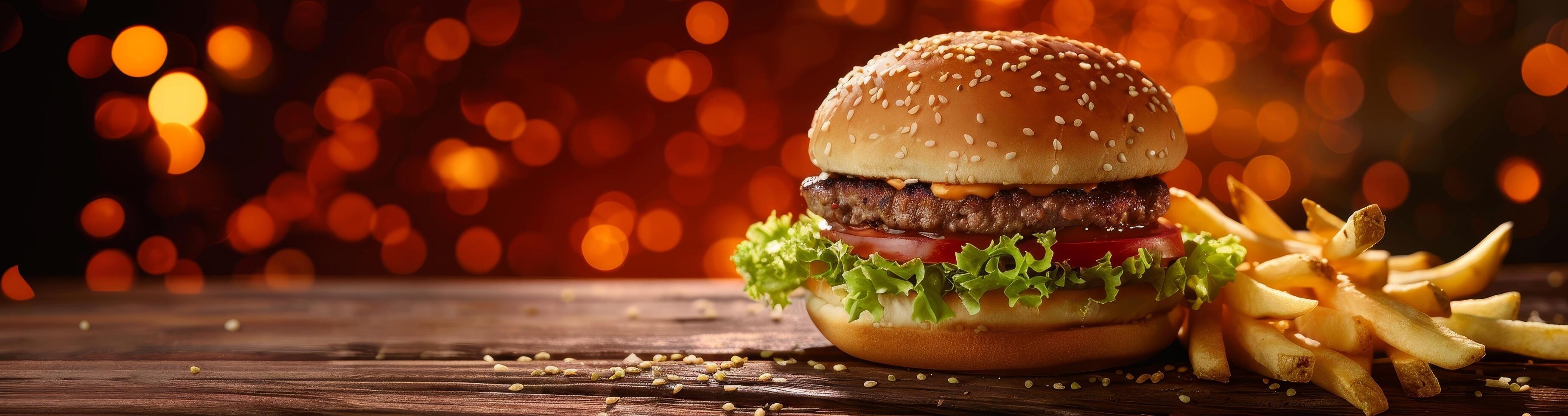 Delicious burger with fries on wooden table against a warm bokeh background photo