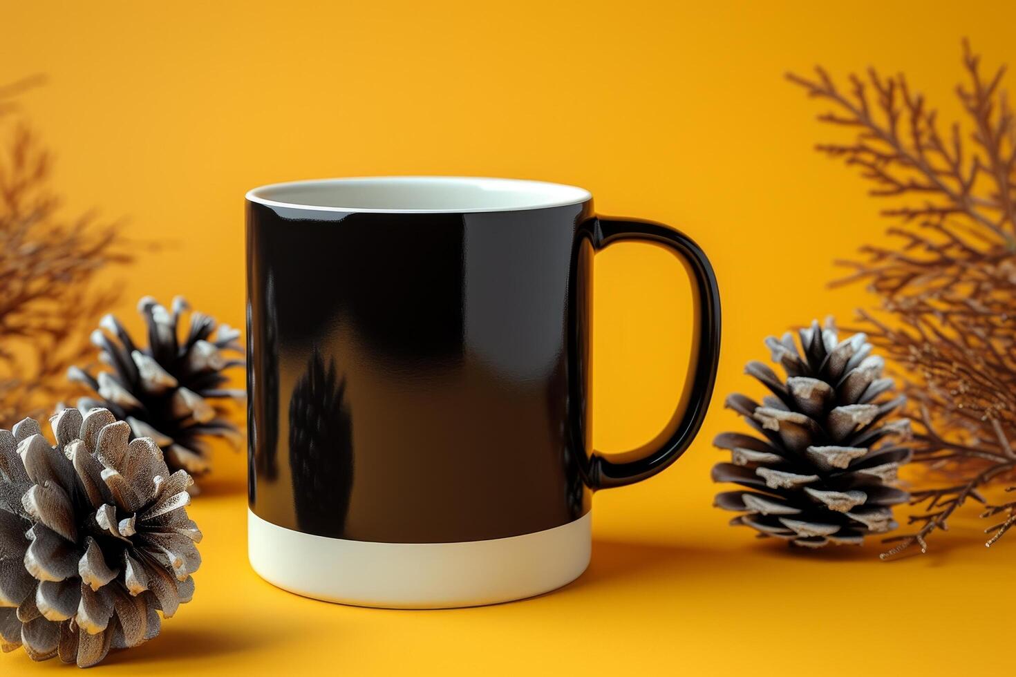 Black coffee mug with pine cones on a vibrant yellow background photo