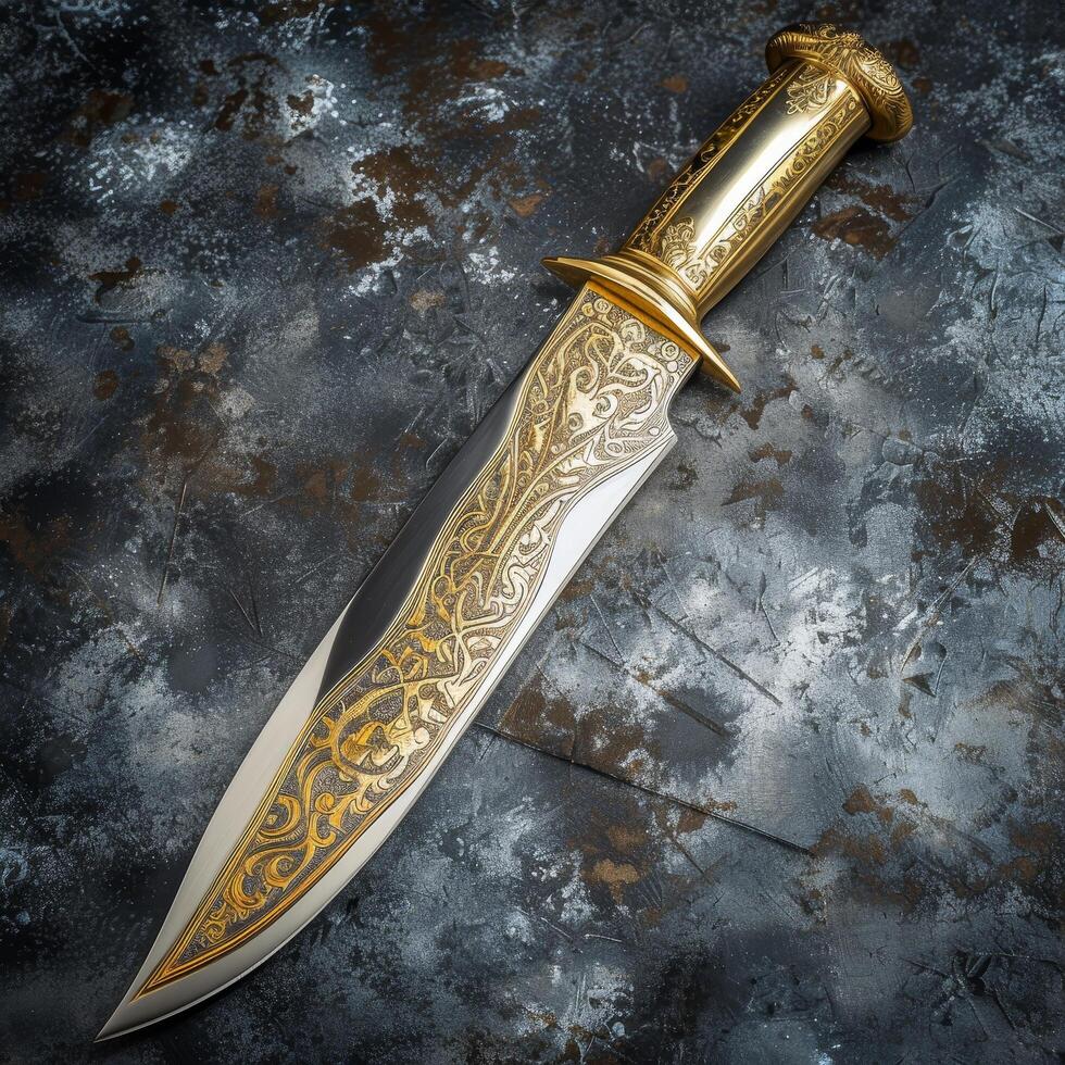 Ornate golden dagger on a textured background photo