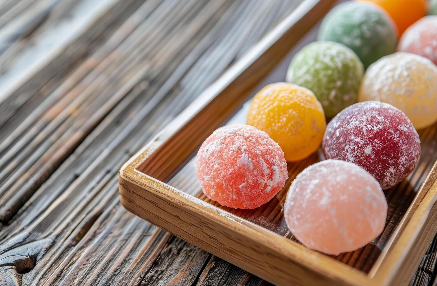 Assorted colorful mochi ice cream on a wooden tray photo