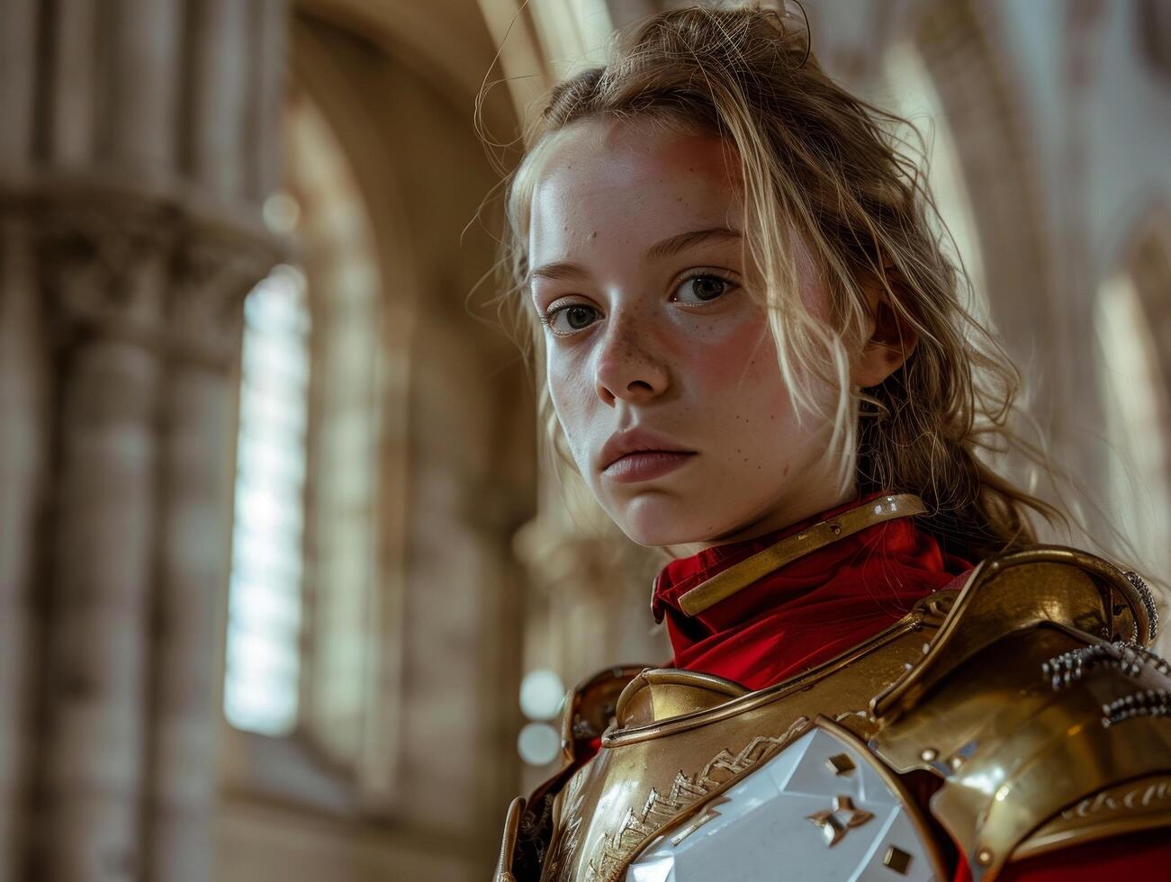 Young woman in medieval knight armor posing in historical building photo