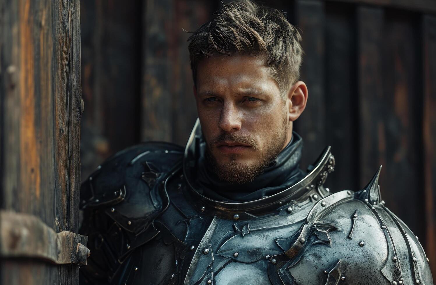 Medieval knight in armor posing by a wooden gate photo
