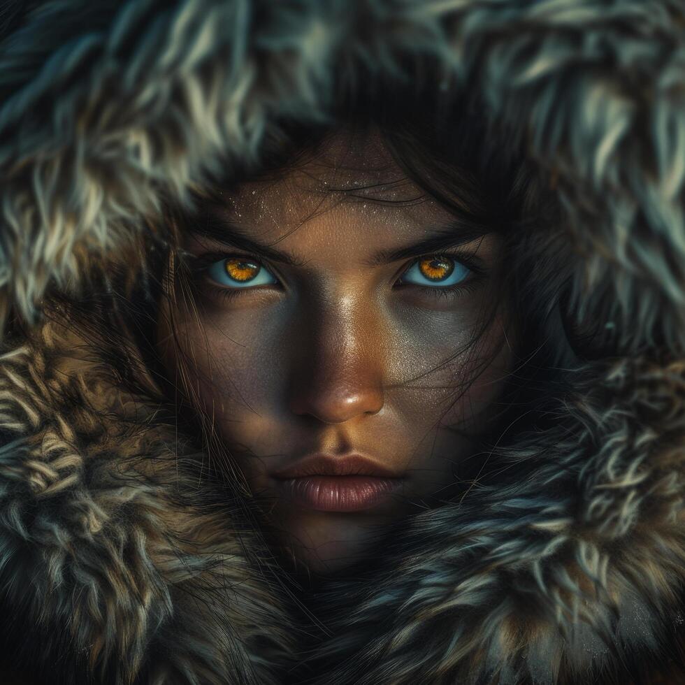 Mysterious Woman with Intense Gaze and Fur Hood photo