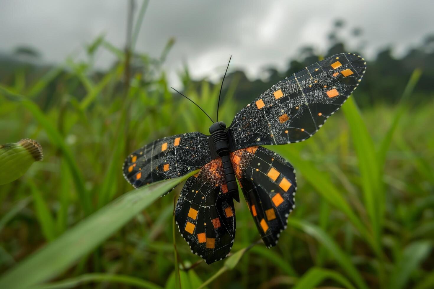 Colorful butterfly resting on a green leaf with natural background photo