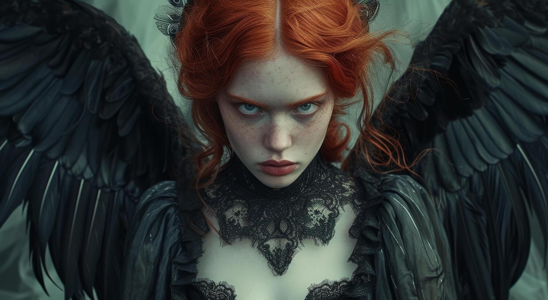 Mysterious woman with angel wings and intense gaze photo