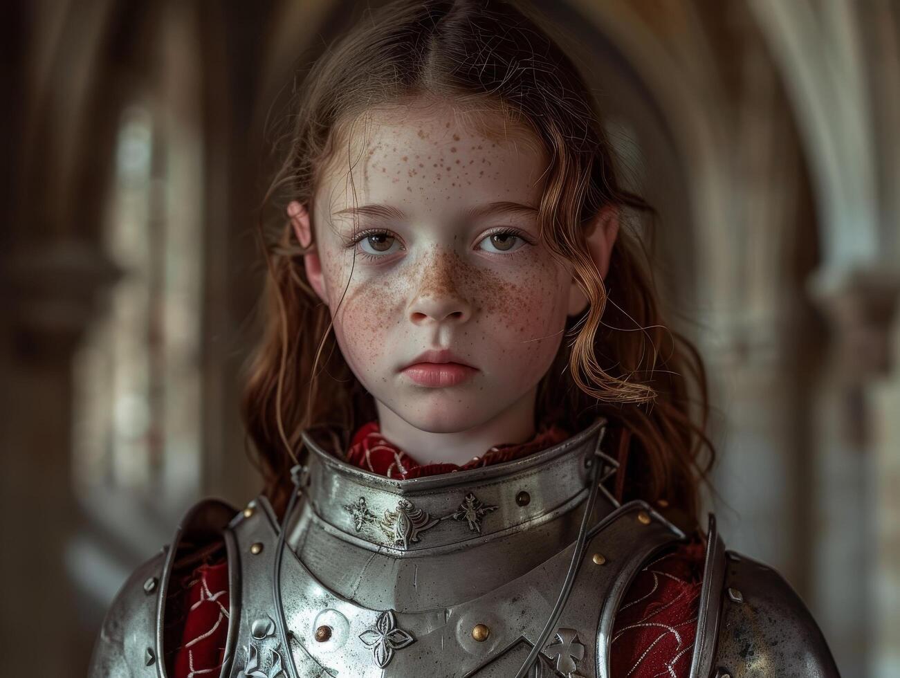 Young girl in medieval knight armor looking determined photo