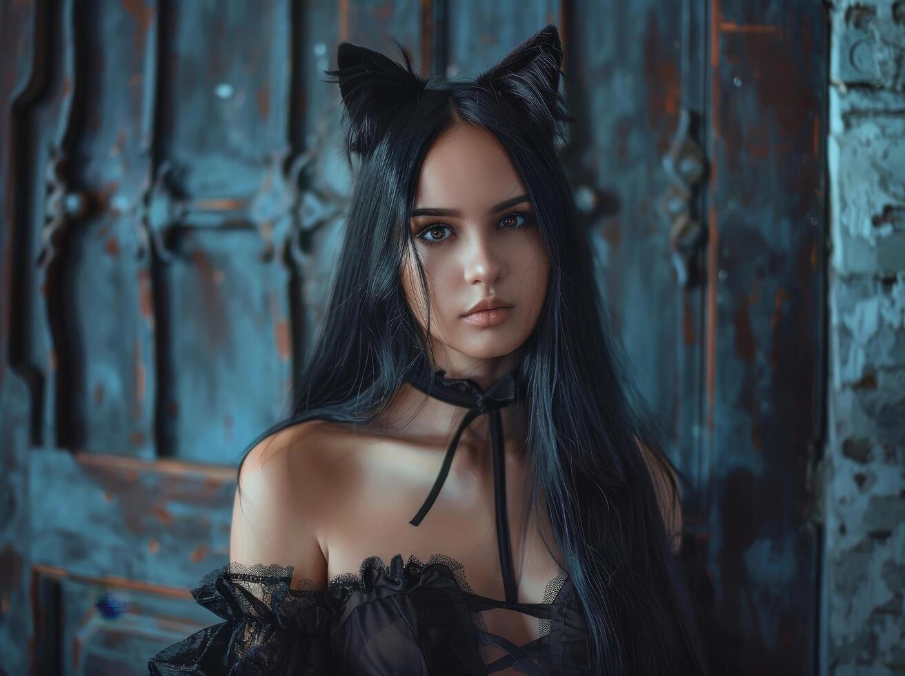 Mysterious Woman with Cat Ears Posing in a Dark Setting photo