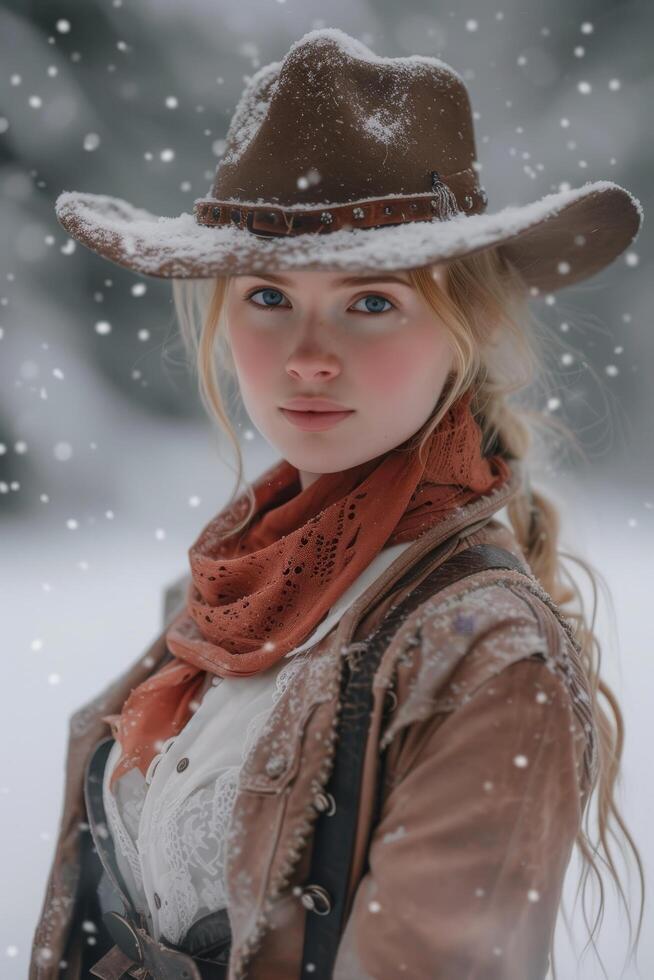 Young Woman in Winter Attire with Snowflakes Falling photo