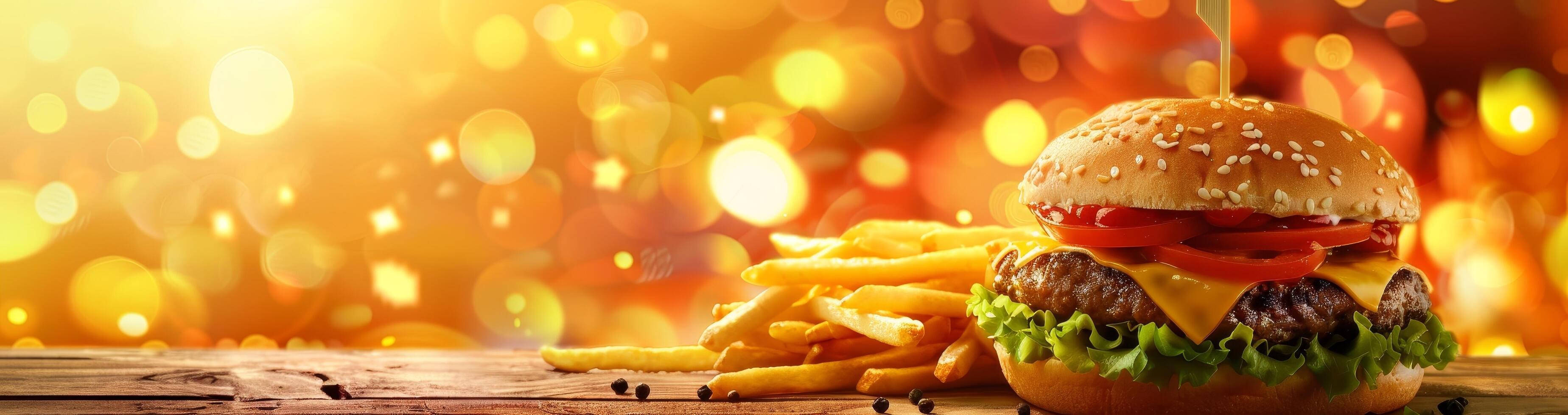 Delicious burger and fries on a wooden table with warm bokeh lights in the background photo