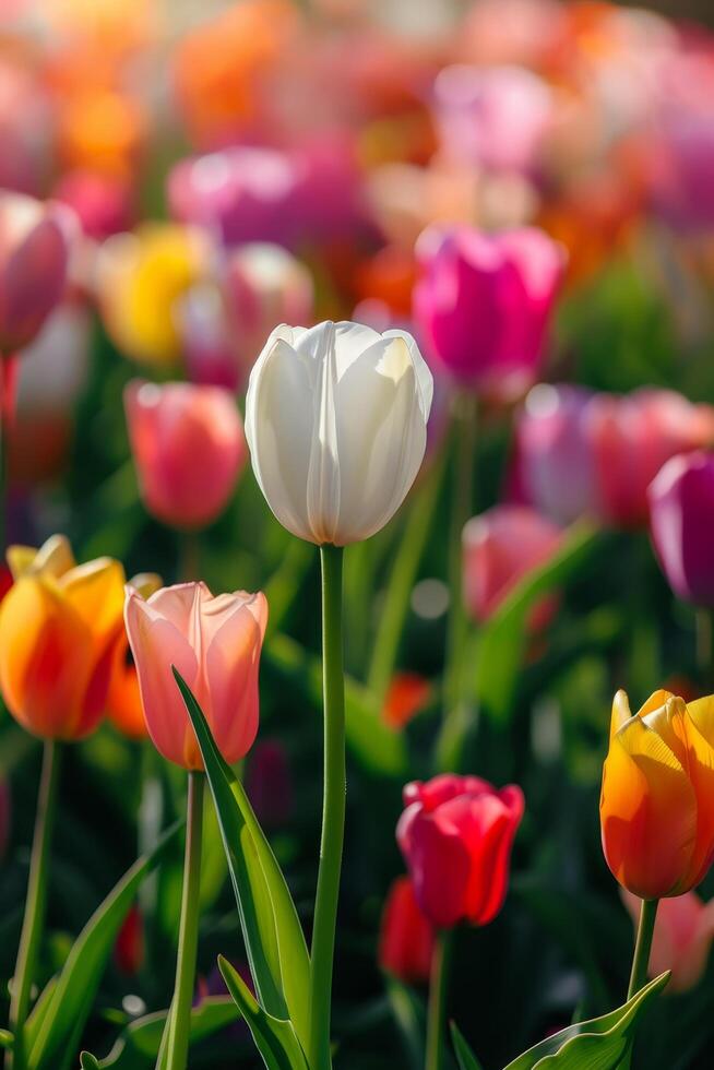 Single white tulip standing out in a colorful tulip field photo