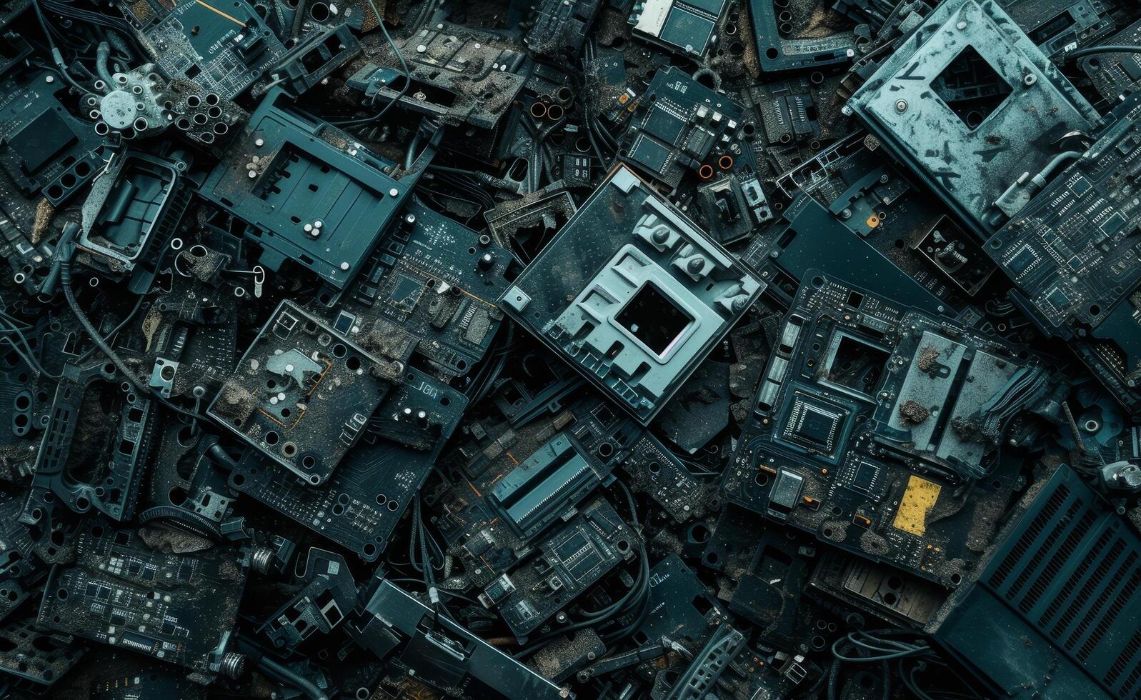 Assorted electronic waste and computer parts piled for recycling photo
