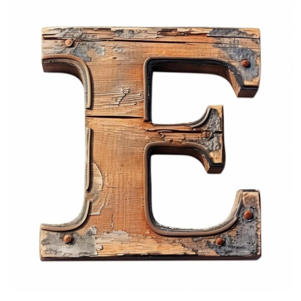 Vintage Wooden Letter E Isolated on White Background photo