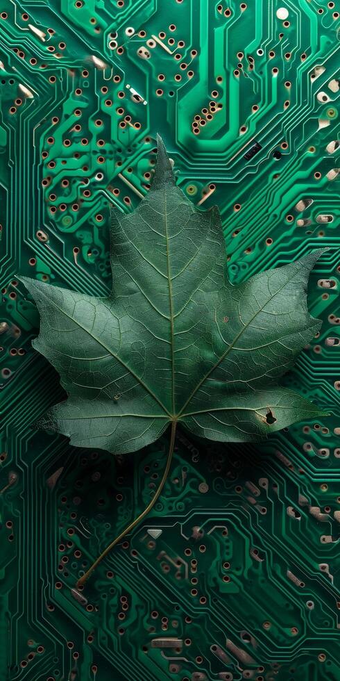 Green leaf on a circuit board representing technology and nature photo