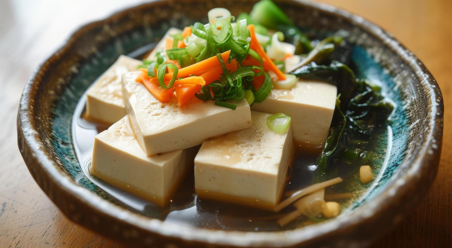 Fresh tofu dish with vegetables and seaweed garnish photo