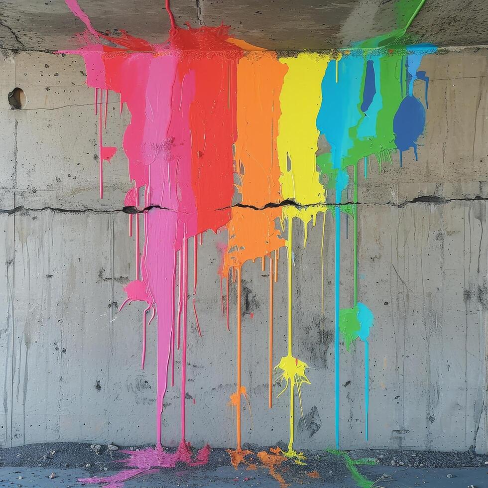 Colorful paint dripping on a concrete wall photo
