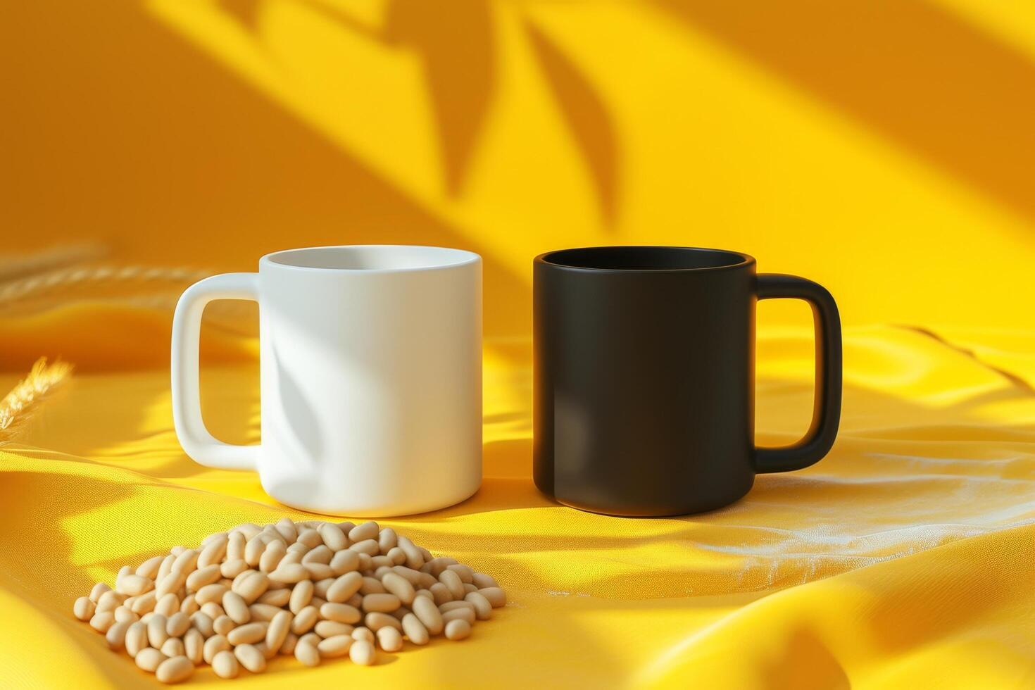 Two contrasting mugs on a vibrant yellow background with scattered beans photo