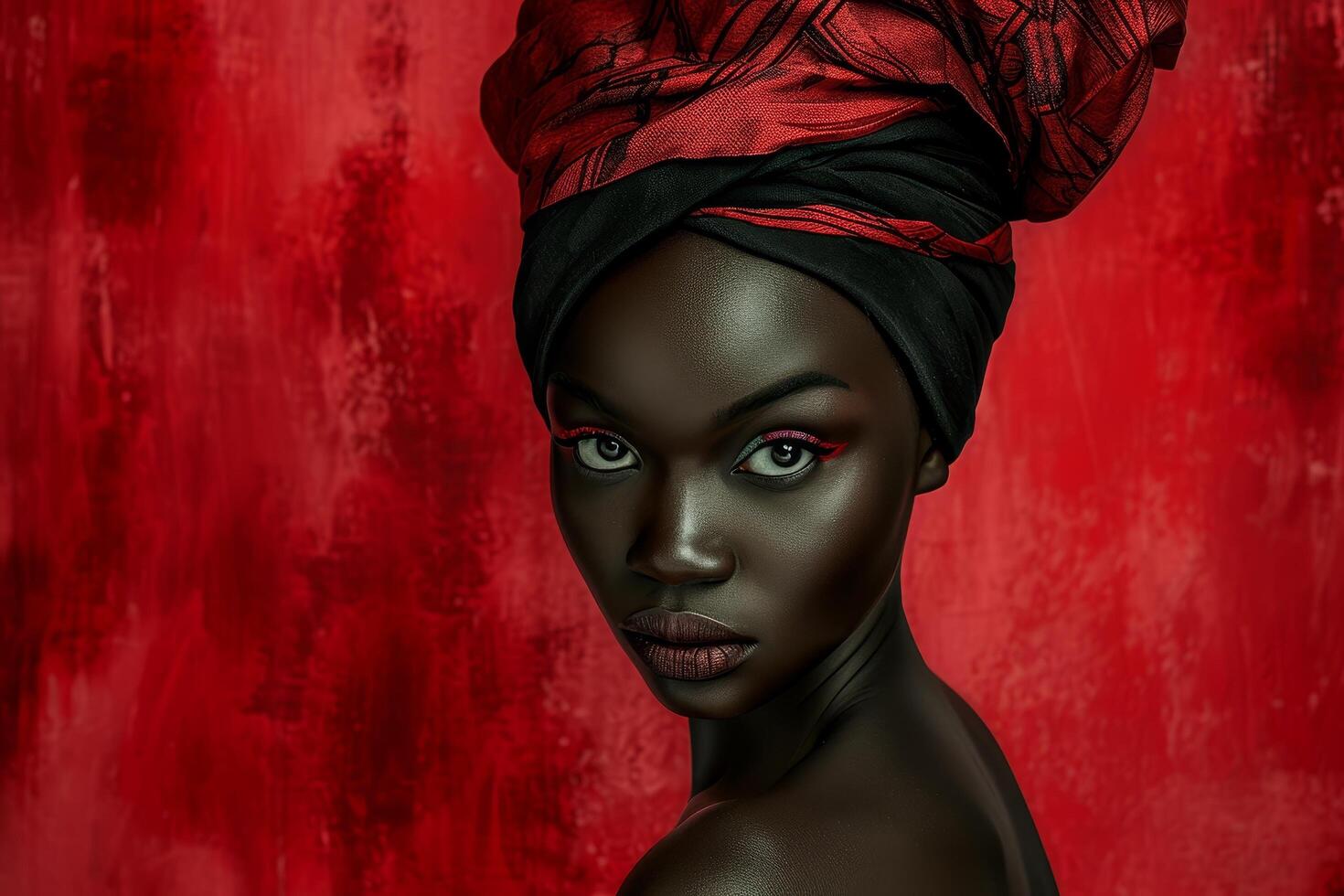Portrait of a Woman with a Colorful Headwrap Against a Red Background photo