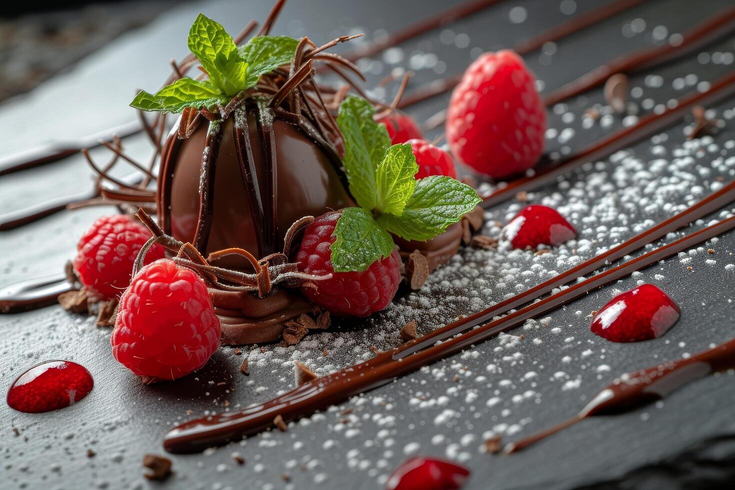 Elegant chocolate dessert with fresh raspberries and mint garnish photo