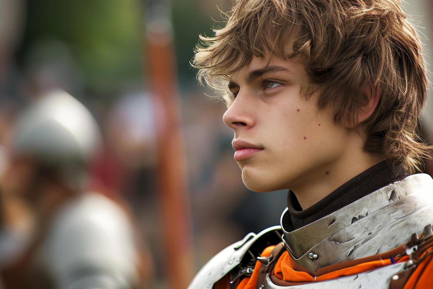 Young medieval knight looking into the distance photo