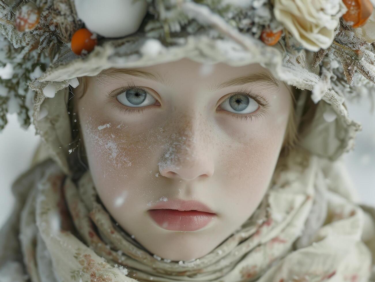 Portrait of a Child in Winter Attire with Snowflakes photo