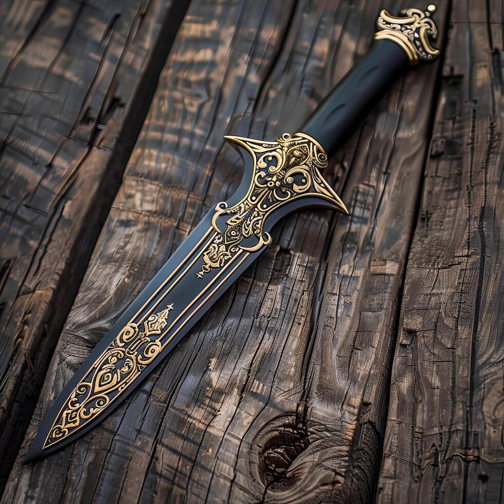Ornate dagger on wooden background photo