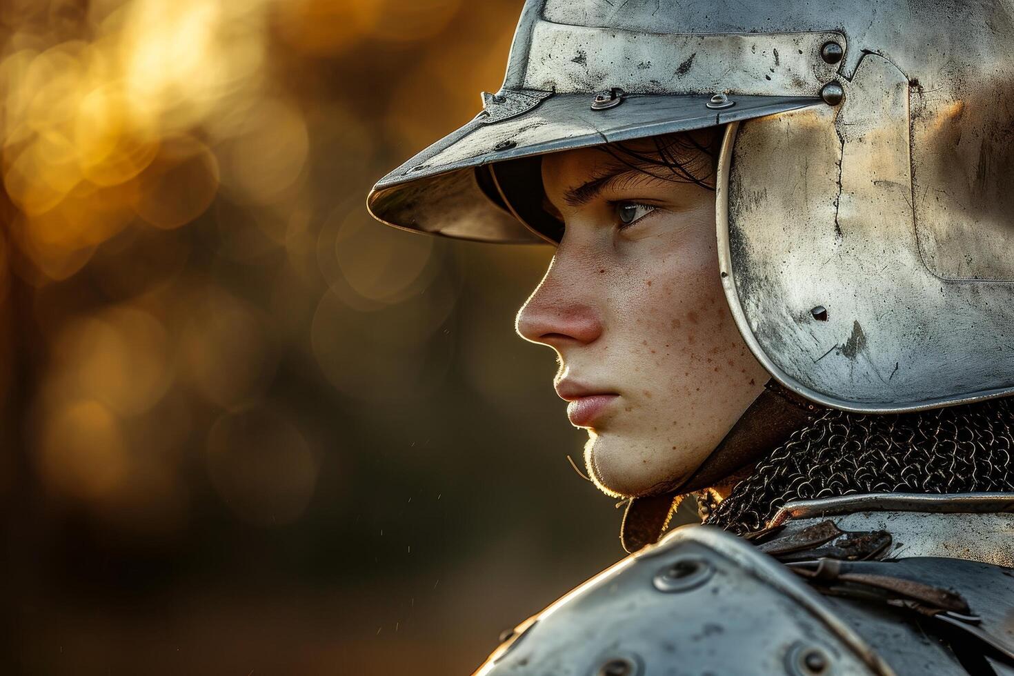 Young medieval knight in armor looking into the distance photo