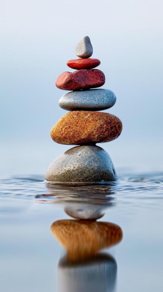 Zen stones stacked on water with reflection photo