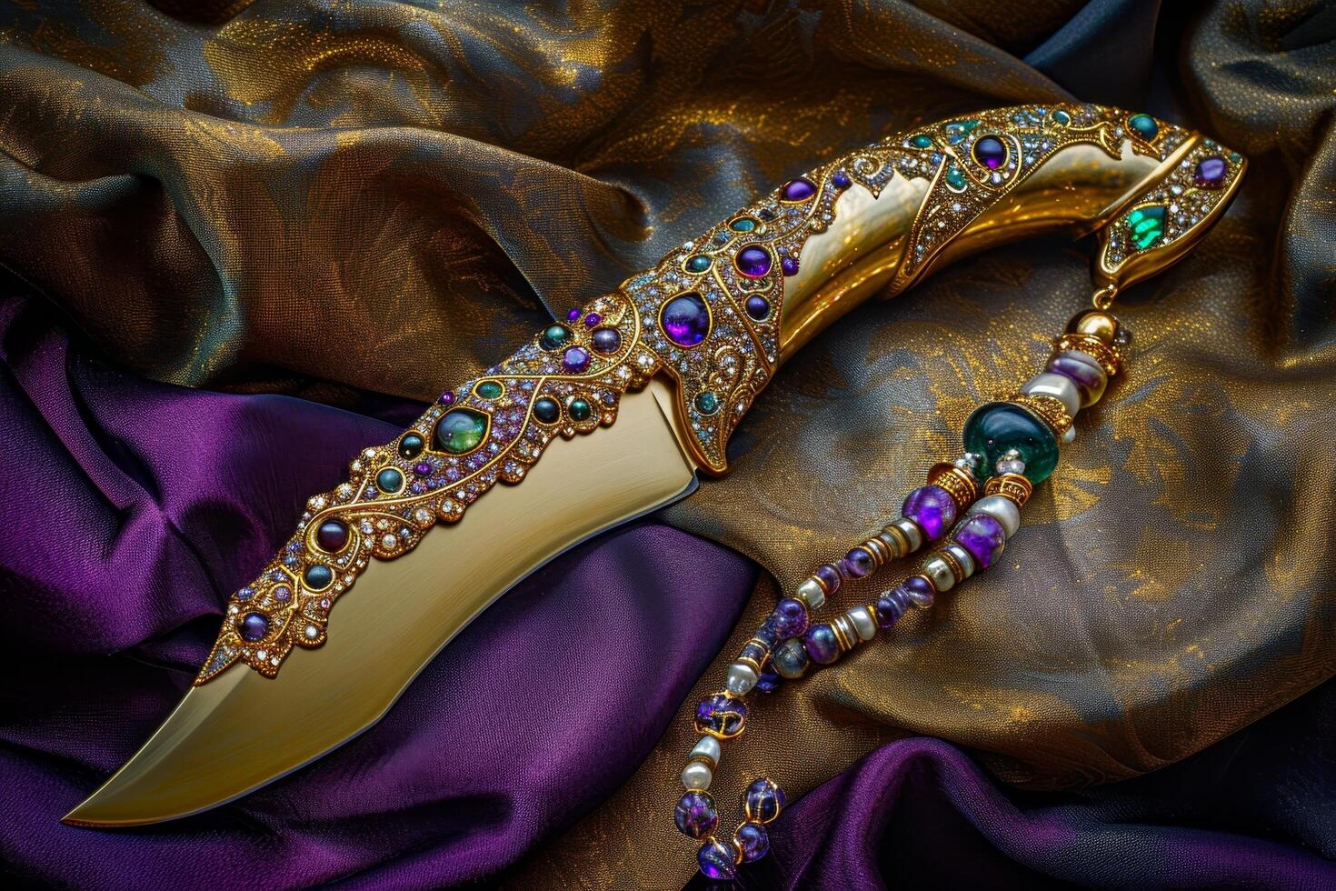 Luxurious jeweled dagger on a silk fabric photo