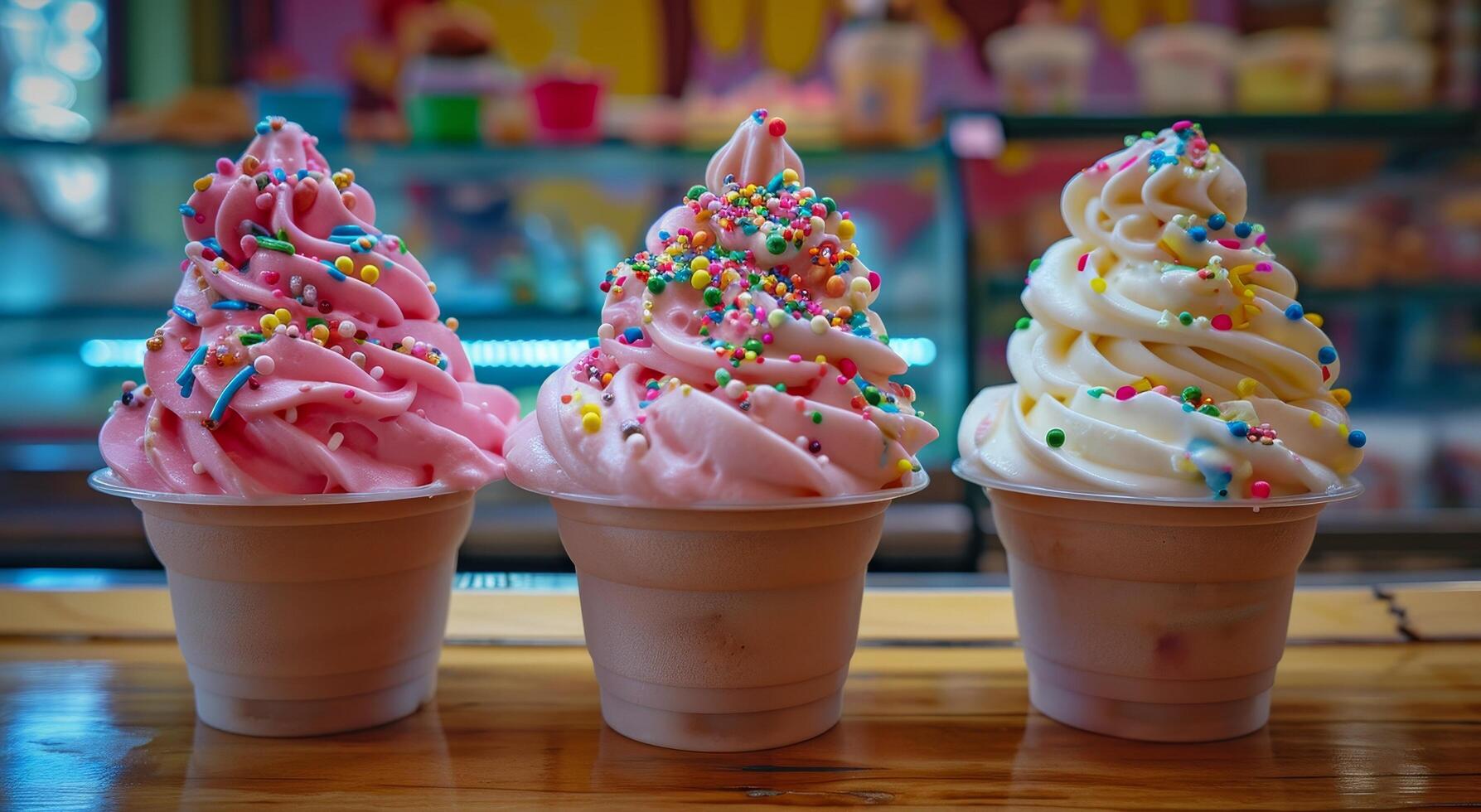 Colorful Soft Serve Ice Cream in Cups with Sprinkles photo